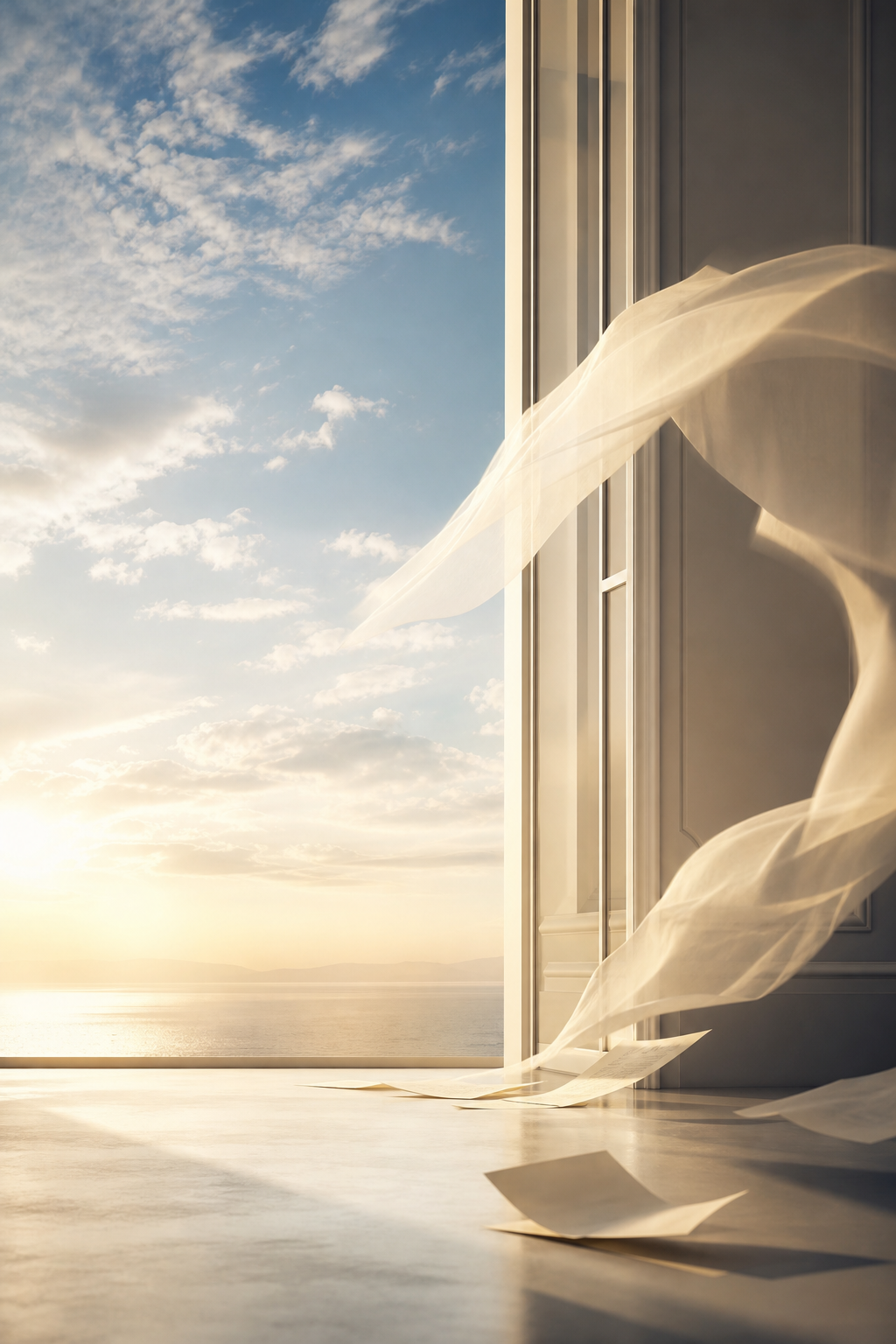 Open window with sky and flowing curtain
